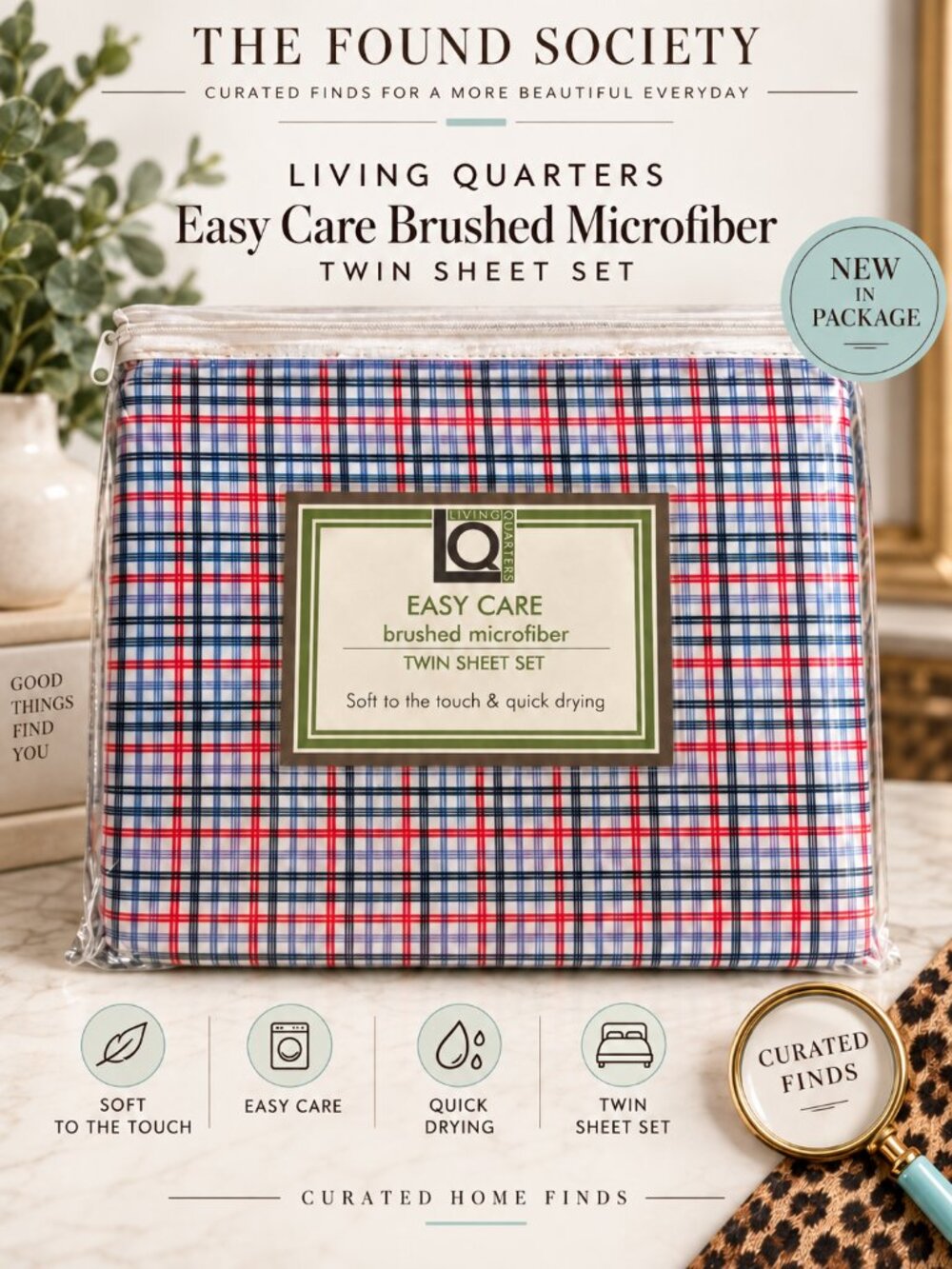 Living Quarters Red Blue Plaid Brushed Microfiber Twin Sheet Set NIP